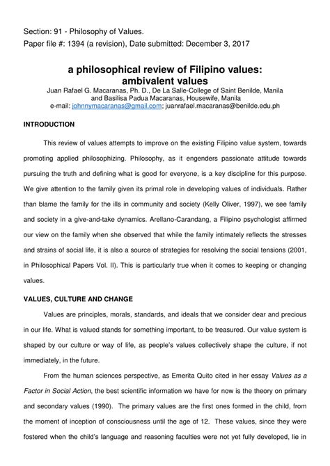A PHILOSOPHICAL REVIEW OF FILIPINO VALUES: .